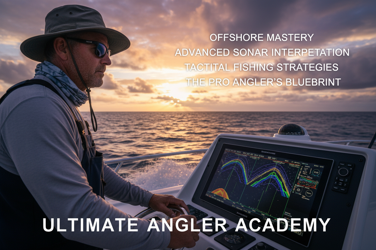 Offshore angler studying fish finder at golden hour