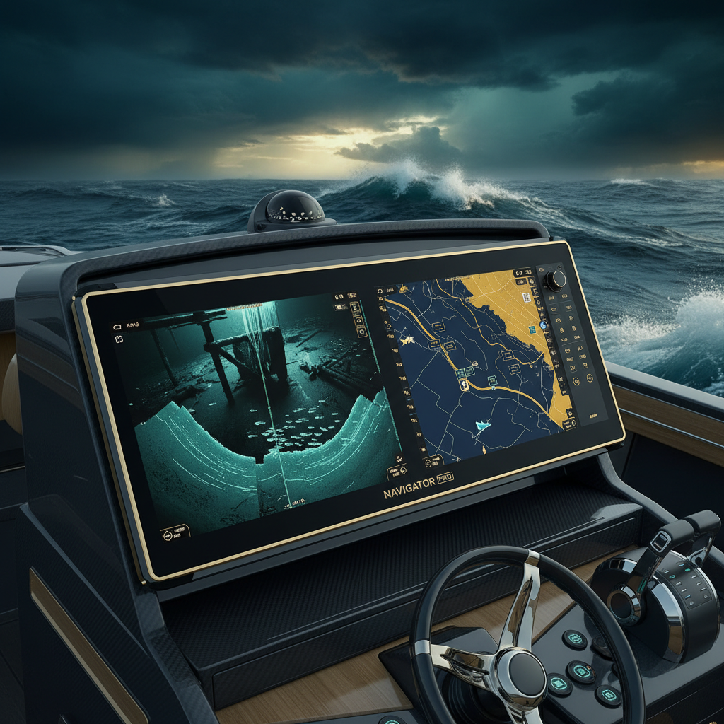 Side-imaging sonar and GPS chartplotter combo unit on offshore boat console