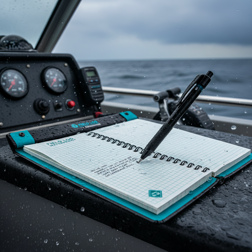 Waterproof field log book open on a boat console