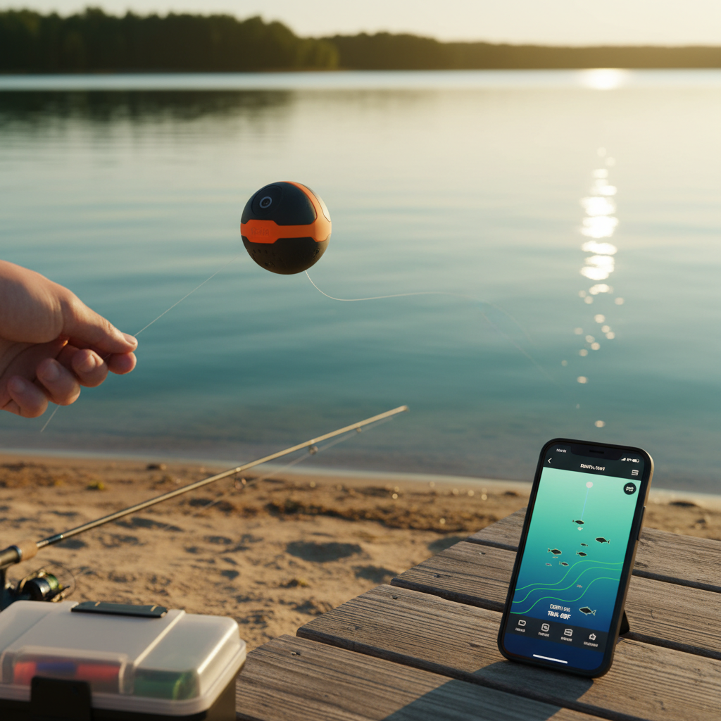 Castable wireless sonar ball with smartphone fish finder display