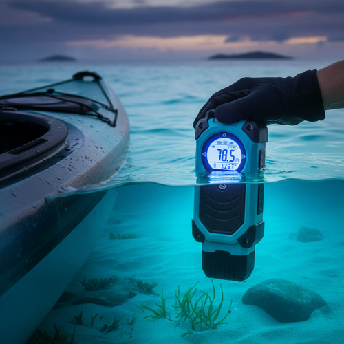 Handheld digital depth sounder dipped over kayak side